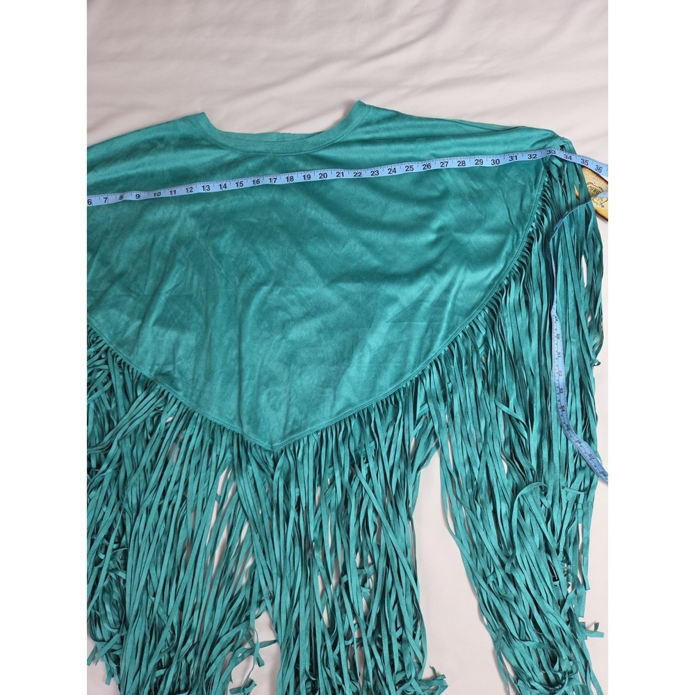 New COWGIRL JUSTICE Western Cowgirl Teal Faux Suede Poncho Long Fringe Large - Picture 5 of 6